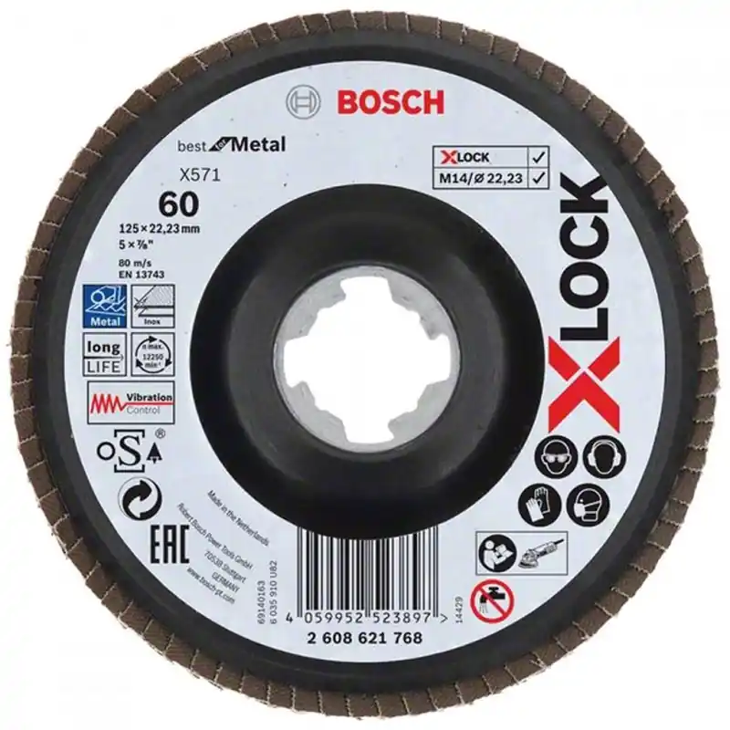 BOSCH X-LOCK Fächerschleifscheibe, Metall, gewinkelte Ausf., G60, X571, 125mm, 2608621768 Schneller Versand