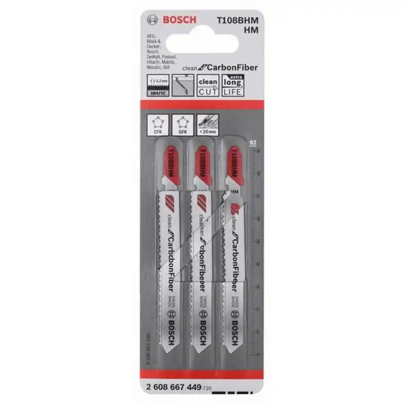 BOSCH Stichsägeblatt T 108 BHM Clean for Carbon Fibre, 92mm, 3er-Pack 2608667449 Neu Im Sortiment