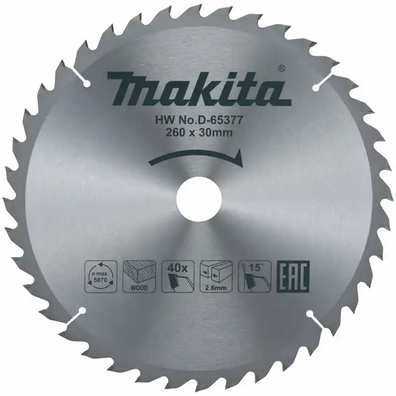Zertifiziert Makita D-65377 Kreissägeblatt 260mm x 30mm, 40 Zähnezahl