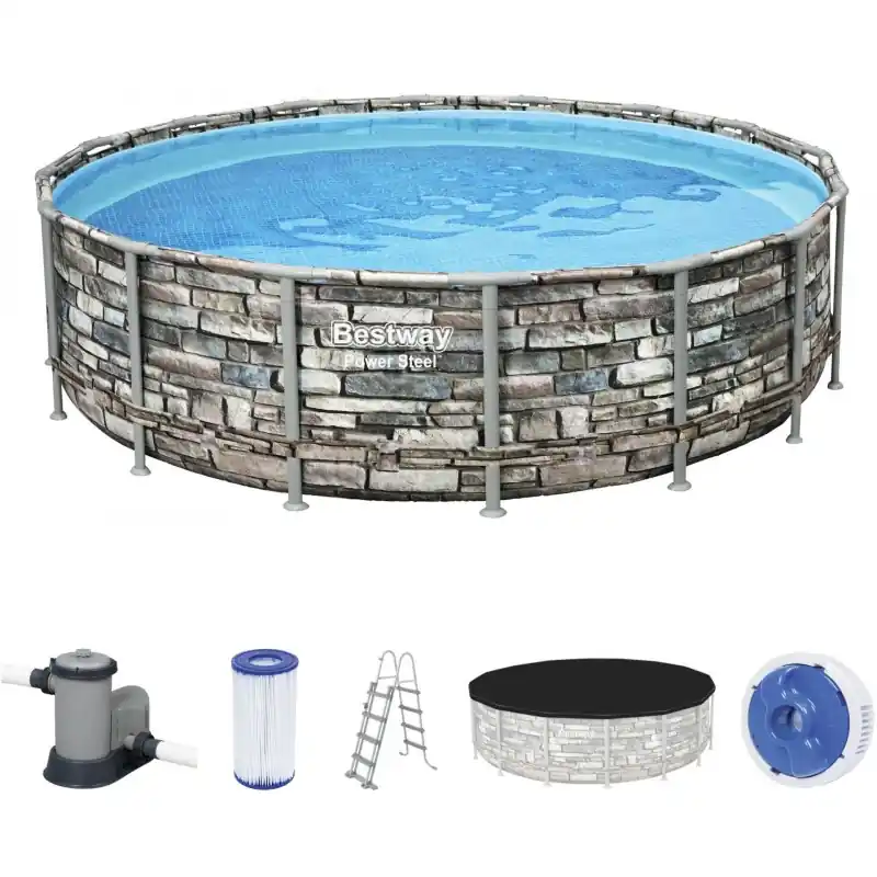 Günstig BESTWAY Power Steel Frame Pool 488 x 122 cm, Komplett-Set mit Filterpumpe 56966