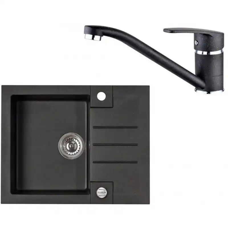 Geprüft ALVEUS Set ROCK 30 Granitspüle 595x475 mm + Küchenarmatur NINA, schwarz