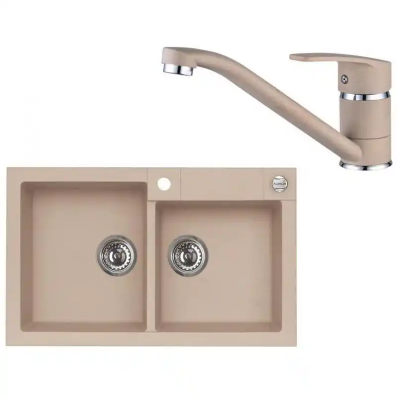 Rabatt ALVEUS Set ROCK 90 Granitspüle 780x480 mm + Küchenarmatur NINA, beige
