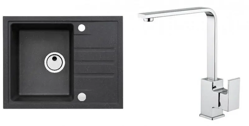 Knallerangebot ALVEUS Set INTERMEZZO 30 Granitspüle 620x480 mm + Küchenarmatur RENO, schwarz