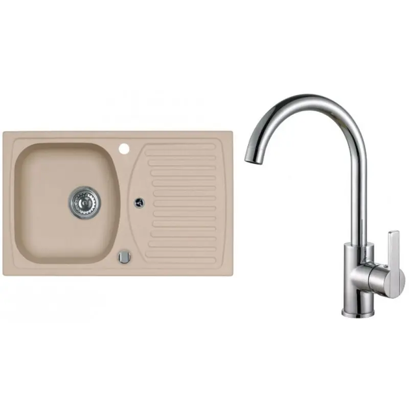 ALVEUS Set RECORD 30 Granitspüle 780x480 mm + Küchenarmatur TONIA, beige + Chrom Neu Im Sortiment