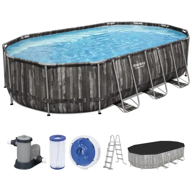 BESTWAY Power Steel Frame Pool 610 x 366 x 122 cm, Komplett-Set mit Filterpumpe 5611R Highlight