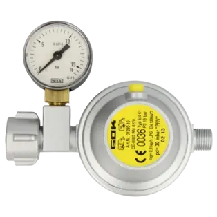 Finale Aktion GOK Caravanregler Leistungsstufe 1, EN61 KLF x G 1/4 LH-KN, mit Manometer