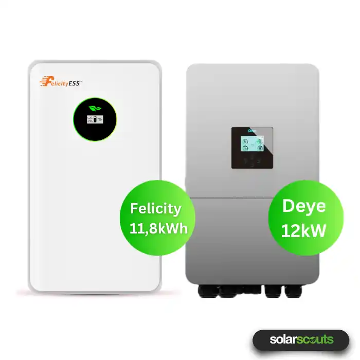 Markenprodukt Deye Felicity Niedervolt-Komplettset – 12 kW Hybrid-Wechselrichter SUN-12K-SG05LP3-EU + 11,8 kWh Speicher FLA48230