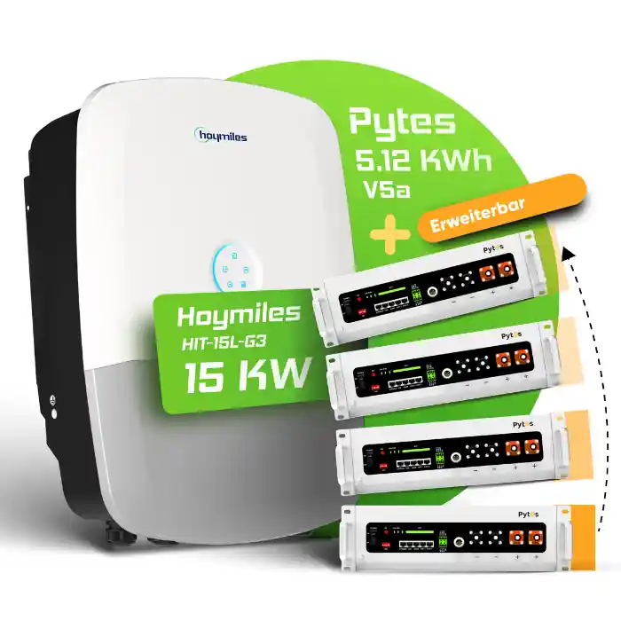 Hoymiles/Pytes Komplettset 15 kW Hybridwechselrichter (Hoymiles HIT-15L-G3) 5 kWh Batteriespeicher Pytes V5°a (erweiterbar) Markenprodukt