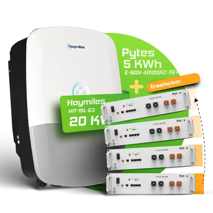 Sofort Bestellen Hoymiles/Pytes Komplettset 20 kW Hybridwechselrichter (Hoymiles HIT-20L-G3) 5 kWh Batteriespeicher Pytes 48100R-C TE+ (erweiterbar)