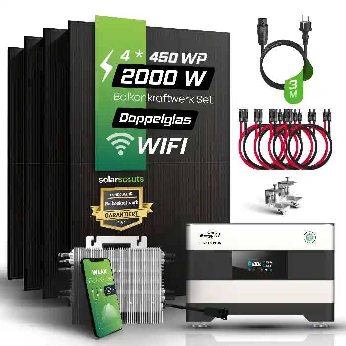 Heißes Angebot Balkonkraftwerk-Set JA Solar 1,8kWp Full Black + Deye 1600W + 2,15kWh Speicher