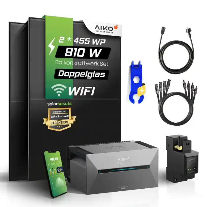 Finale Aktion 910W Balkonkraftwerk Set - Aiko Solarmodule mit Anker SOLIX Solarbank 2 Pro + Smartmeter