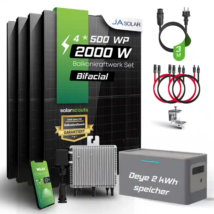 Deye Balkonkraftwerk 2000W – 4×500W bifazial Glas/Glas + 2kWh Speicher Abverkauf