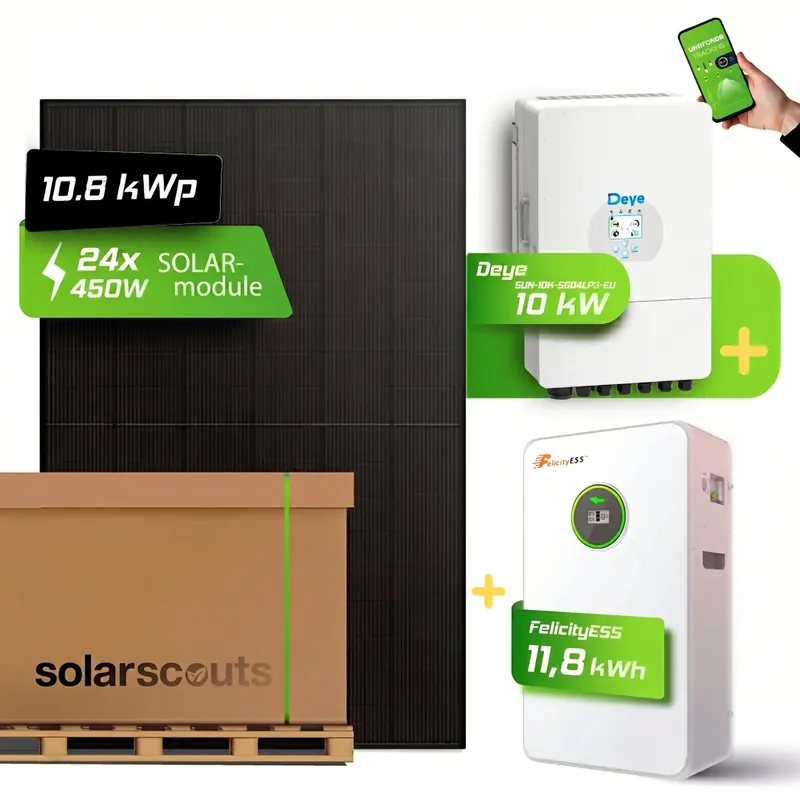 Finale Aktion 10,8 kWp Photovoltaik Komplettset Deye 10kW Hybrid-Wechselrichter + 11,7kWh Felicity Speicher + 24x JA Solar 450W Bifazial Full-Black