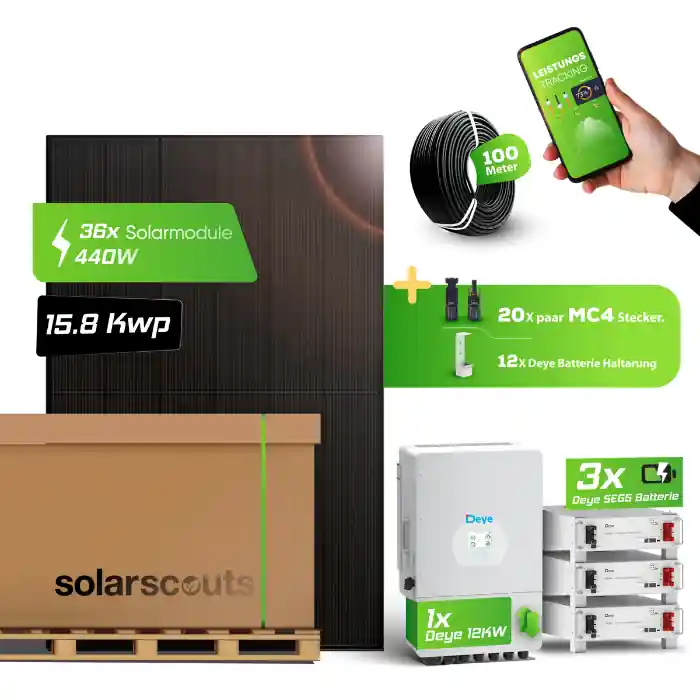 PV-Komplettset 16,38 kWp JA Solar + Deye 12kW Hybrid-Wechselrichter + 5,12kWh Deye Speicher SE-F5 Pro-C Kracherpreis