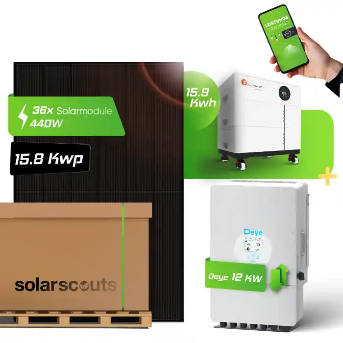 Jetzt Bestellen PV-Komplettset JA Solar 16,2kWp Full Black + Deye 12kW + 15,36kWh Speicher