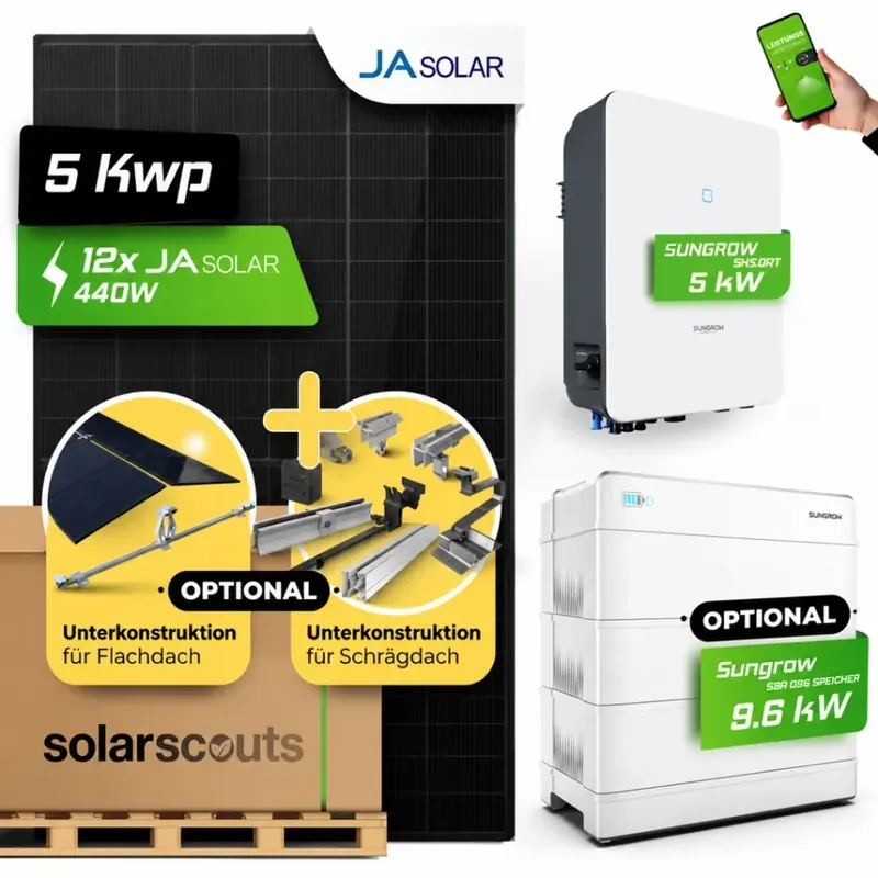 Sale 5 kW Solaranlage mit Speicher (Optional) Doppelglas Fullblack 5kW Sungrow 9,6 kWh Speicher (Optional)