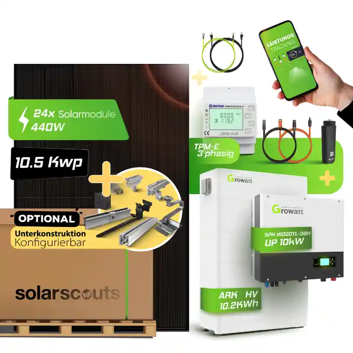 Zertifiziert PV-Komplettset JA Solar 10,92kWp Full Black + Growatt 10kW + 10,2kWh Speicher