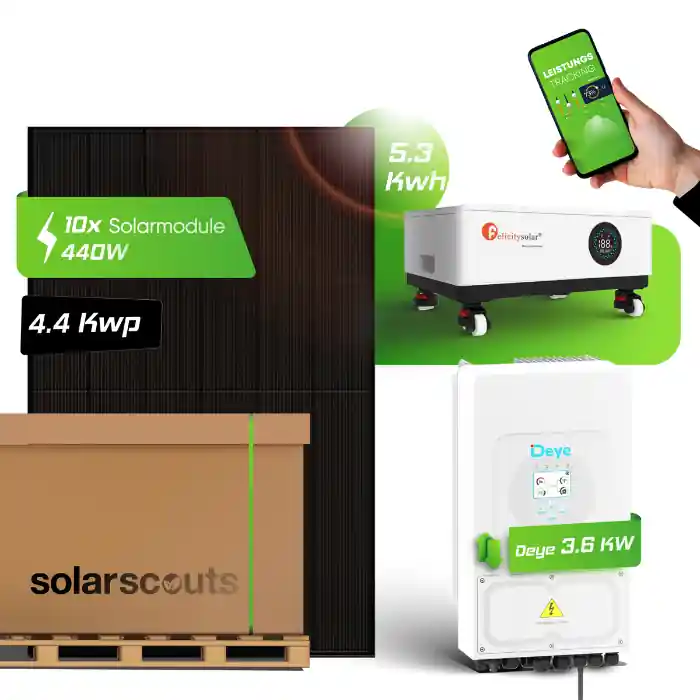 4,5 kWp Photovoltaik Komplettset Deye 3,6kW Niedervolt Hybrid-Wechselrichter 1-Phasig SUN-3.6K-SG05LP1-EU-AM2-P + 5,12kWh Felicity Speicher FLS48100SCG2 + 10x JA Solar 450W Bifazial Full-Black JAM54D41 LB Finale Aktion
