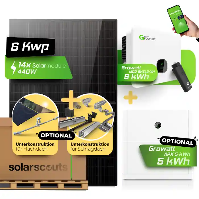 Preisreduziert 6 kWp PV-Komplettanlage mit Growatt Hybrid 6KW APX Hochvolt-Speicher Bifazial Fullblack Solarmodule