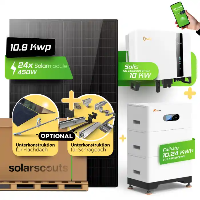 Sonderangebot Komplett-Set 10,8kWp JA Solar + 10kW Solis Wechselrichter + 10,2kWh Felicity HV Speicher