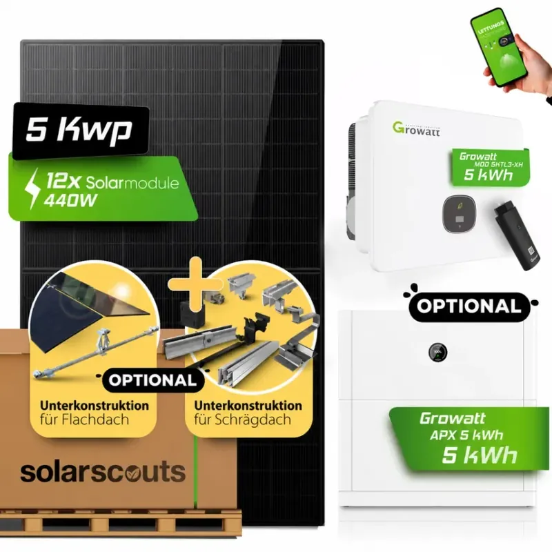 Nur Für Kurze Zeit 5 kWp PV-Komplettanlage mit Growatt Hybrid APX Hochvolt-Speicher (Optional) Bifazial Fullblack Solarmodule