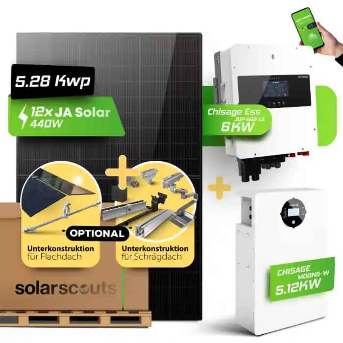 Rabatt 5,28kWp JA Solar 445W 6kW Chisage ESS Jup-6G2-LE Hybridwechselrichter mit 5,12kWh Chisage MOON5-W Speicher