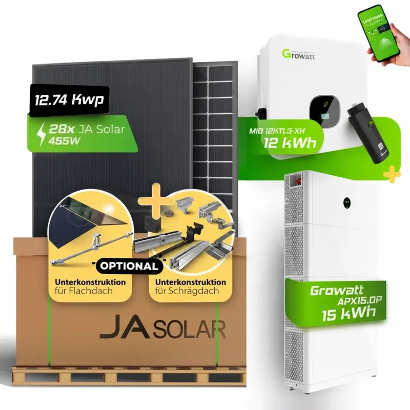 Direktkauf Komplett-Set 12,74kWp JA Solar + 12kW Growatt Wechselrichter + 15kWh Growatt HV Speicher