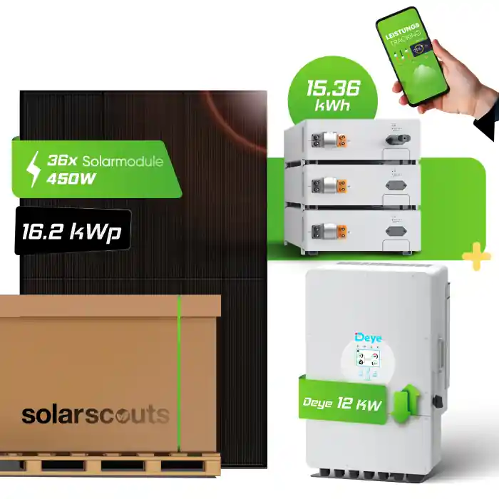 PV-Komplettset JA Solar 16,2kWp Full Black + Deye 12kW + 15,36kWh Deye Speicher Jetzt Bestellen