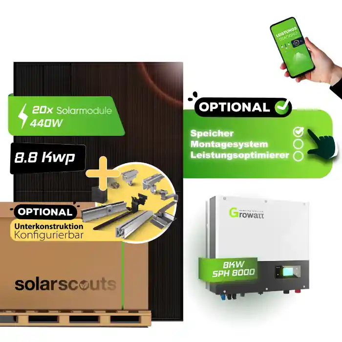 8,8 kWp Komplettset Photovoltaikanlage Bifacial Fullblack 8 kW Growatt SPH Speicher konfigurierbar Neu Im Sortiment