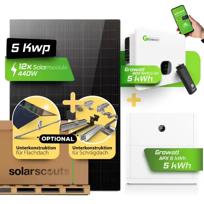 Schneller Versand 5 kWp PV-Komplettanlage mit Growatt MOD 5000TL3-XH, APX 5 kWh Speicher JA Solar 440W Fullblack Bifazial-Modulen