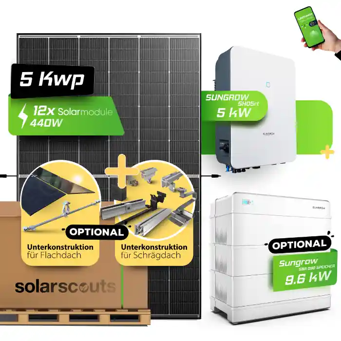 Markenware 5,4 kWp Komplettanlage Sungrow Wechselrichter (SH5.0RT)- AIKO oder JA Solar Solarmodule - Speicherfähig