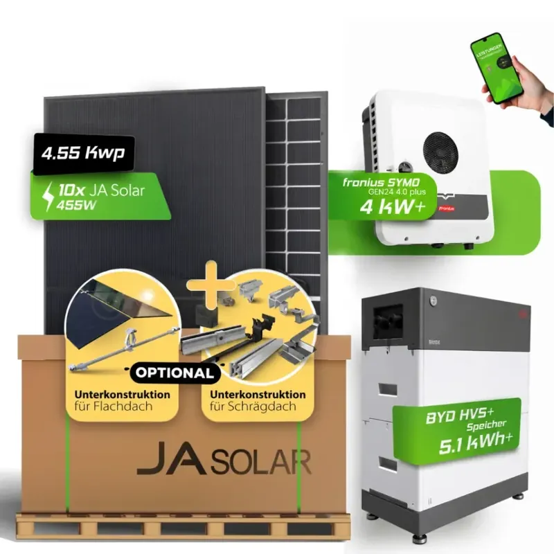 Neu PV-Komplett-Set 4,55kWp JA Solar + Fronius 4kW + BYD HVS+ 5.1
