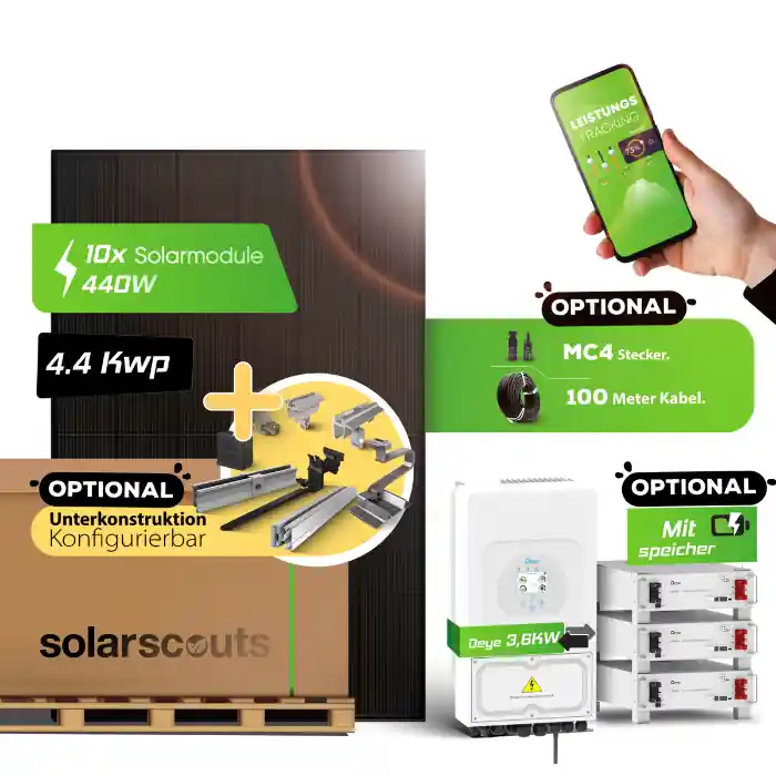 Sonderangebot 4400W Komplettset Photovoltaikanlage Bifacial Fullblack 5kWh Speicher Unterkonstruktion