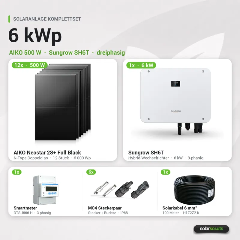 Schneller Versand Sungrow Solaranlage 6kWp 12x AIKO 500W + Sungrow SH6T