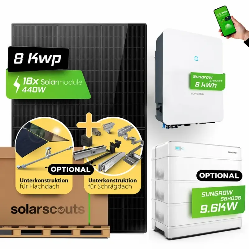 Rabatt 8 kW Solaranlage mit Speicher (Optional) Doppelglasl  Fullblack 8kW Sungrow 12,8 kWh Speicher (Optional)