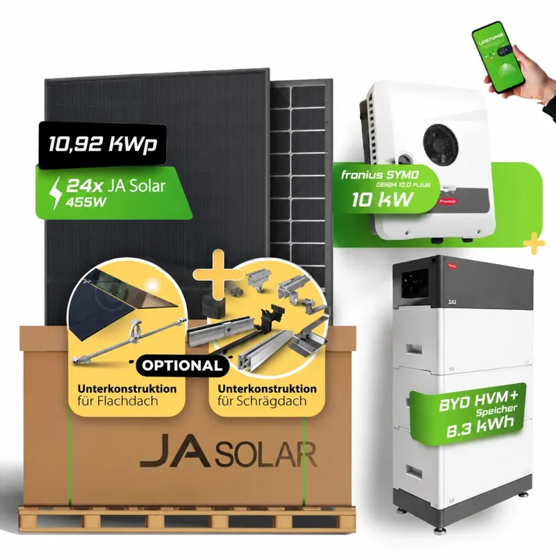 Begrenztes Angebot PV-Komplett-Set 10,92kWp JA Solar + Fronius 10kW + BYD HVM+ 8.3