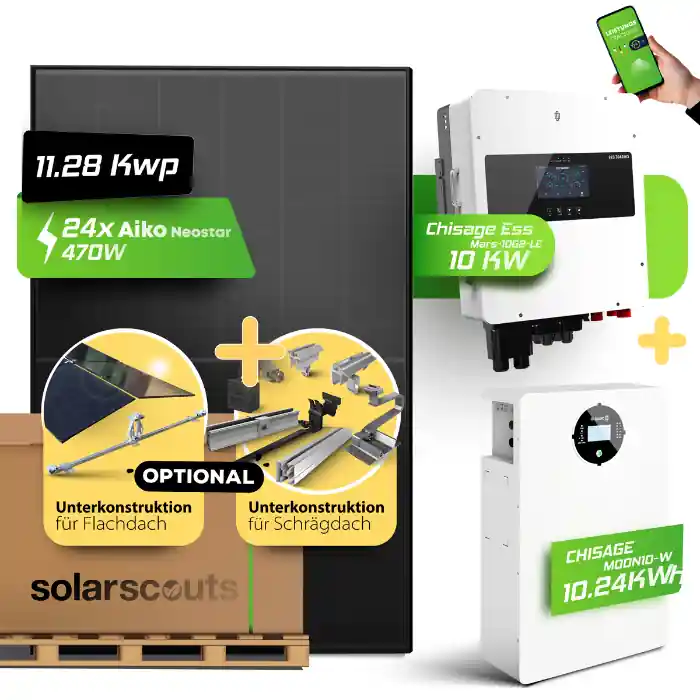 Kracherpreis 11,52 kWp Aiko Neostar 3S+54 470W 10 kW Chisage Ess Mars-10G2-LE Hybridwechselrichter mit 10 kWh Chisage Ess MOON10-W Speicher