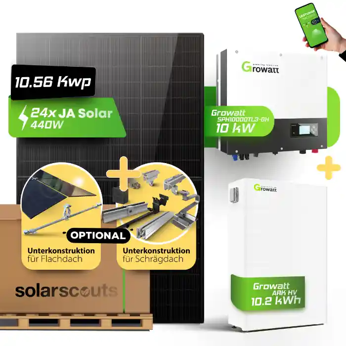 Komplett-Set 10,8kWp + 10kW Growatt Wechselrichter + 10,2kWh Growatt HV Speicher Billig
