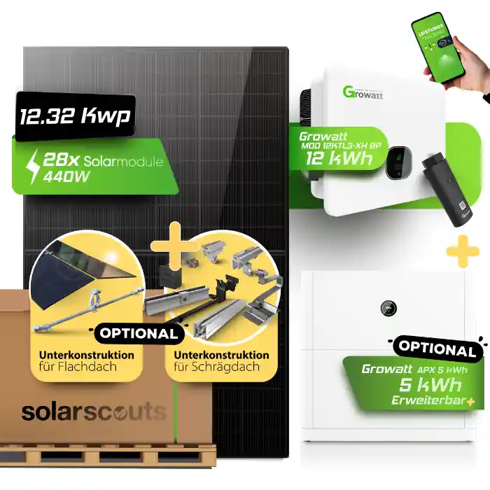 Online Kaufen 12 kWp PV-Komplettanlage mit Growatt Hybrid APX Hochvolt-Speicher (Optional) Bifazial Fullblack Solarmodule