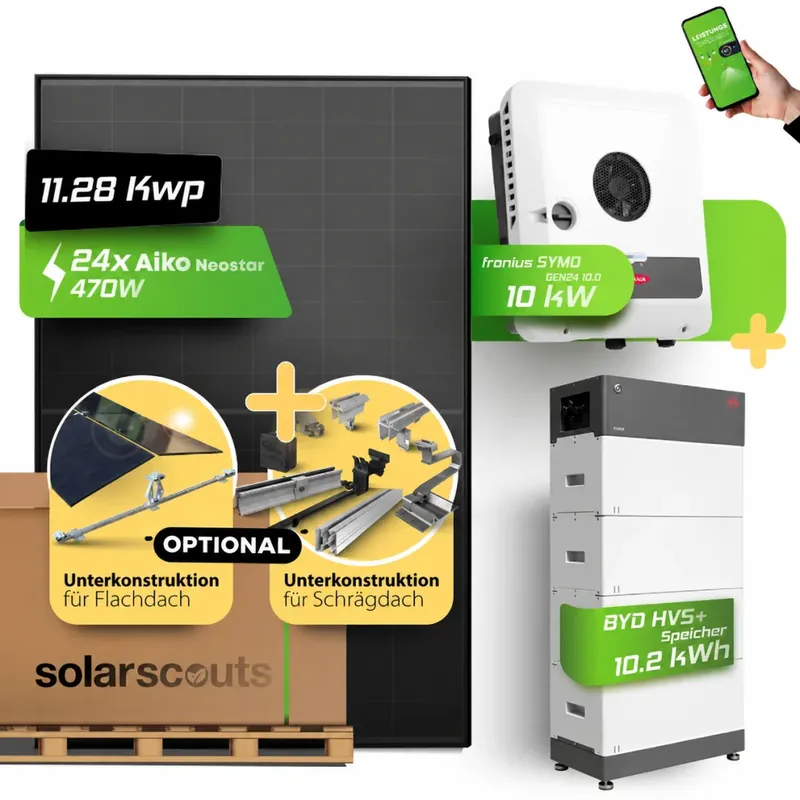 PV-Komplett-Set 11,52kWp AIKO + Fronius 10kW + BYD HVS+ 10.2 Nur Für Kurze Zeit