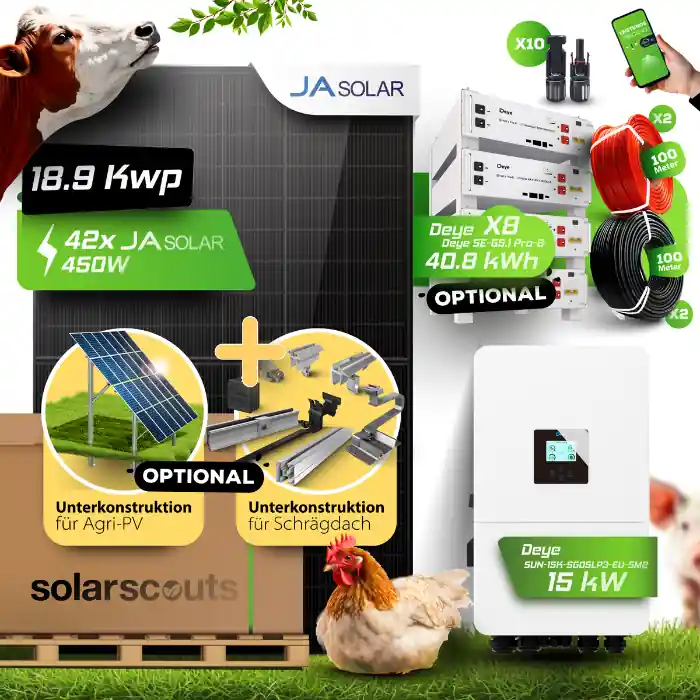 Agri PV Anlage 18,9 kWp JA Solar + 15kW Deye Wechselrichter + Speicher (wählbar) Für Stall, Hof Landwirtschaft Top-Angebot