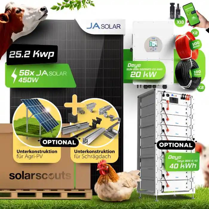 Jetzt Bestellen Agri PV Anlage 25,2 kWp JA Solar + 20kW Deye Wechselrichter + Speicher (wählbar) Für Stall, Hof Landwirtschaft