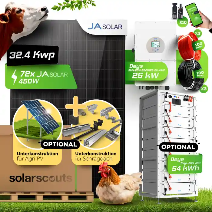 Agri PV Anlage 32,4 kWp JA Solar + 25kW Deye Wechselrichter + Speicher (wählbar) Für Stall, Hof Landwirtschaft Super-Preis