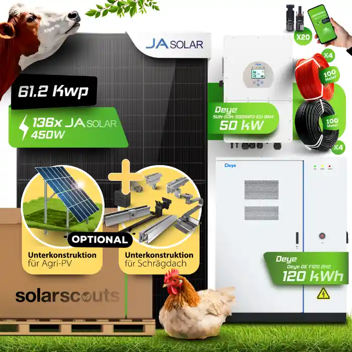 Agri PV Anlage 61,2 kWp JA Solar + 50kW Deye Wechselrichter + 120 kWh Deye HV Speicher Für Stall, Hof Landwirtschaft Neue Ware