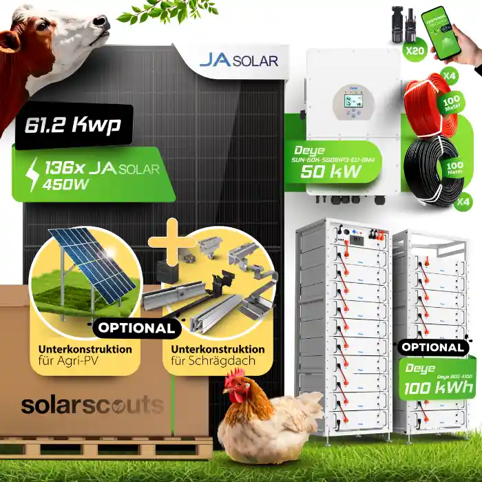Agri PV Anlage 61,2 kWp JA Solar + 50kW Deye Wechselrichter + Speicher (wählbar) Für Stall, Hof Landwirtschaft Geprüft