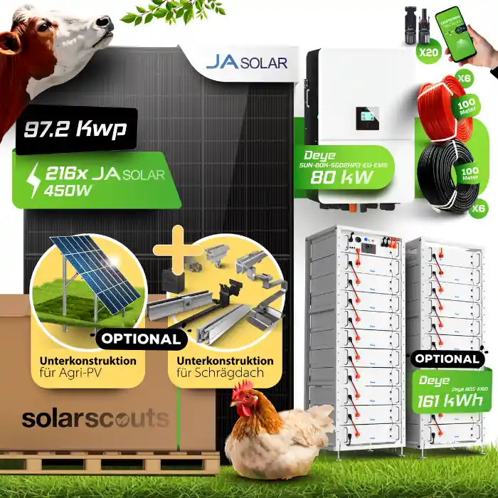 Markenware Agri PV Anlage 97,2 kWp JA Solar + 80kW Deye Wechselrichter + Speicher (wählbar) Für Stall, Hof Landwirtschaft
