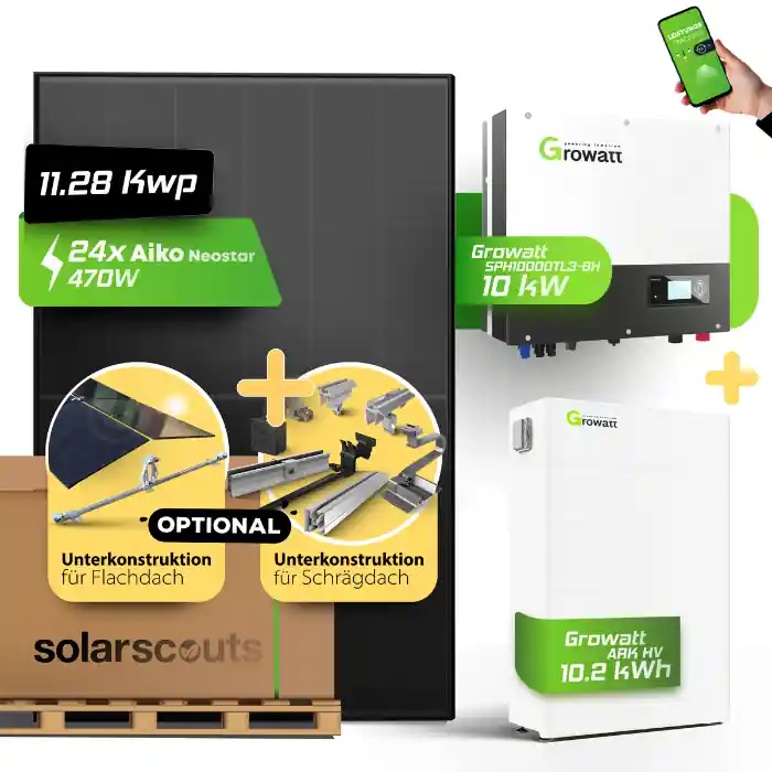 Preisknaller Komplett-Set 10kW Growatt SPH, 10,2kWh Growatt ARK AIKO 470W