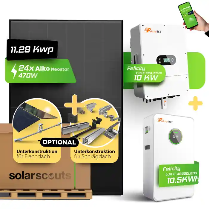 Komplett-Set 11,52kWp Aiko + 10kW Felicity Hybrid + 8,75kWh Speicher Preiswert