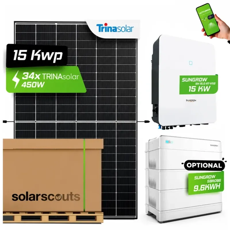 Komplett-Set 15,6kWp Trina + 15kW Sungrow WR + Opt. 9,6kWh Sungrow HV Speicher Jetzt Bestellen