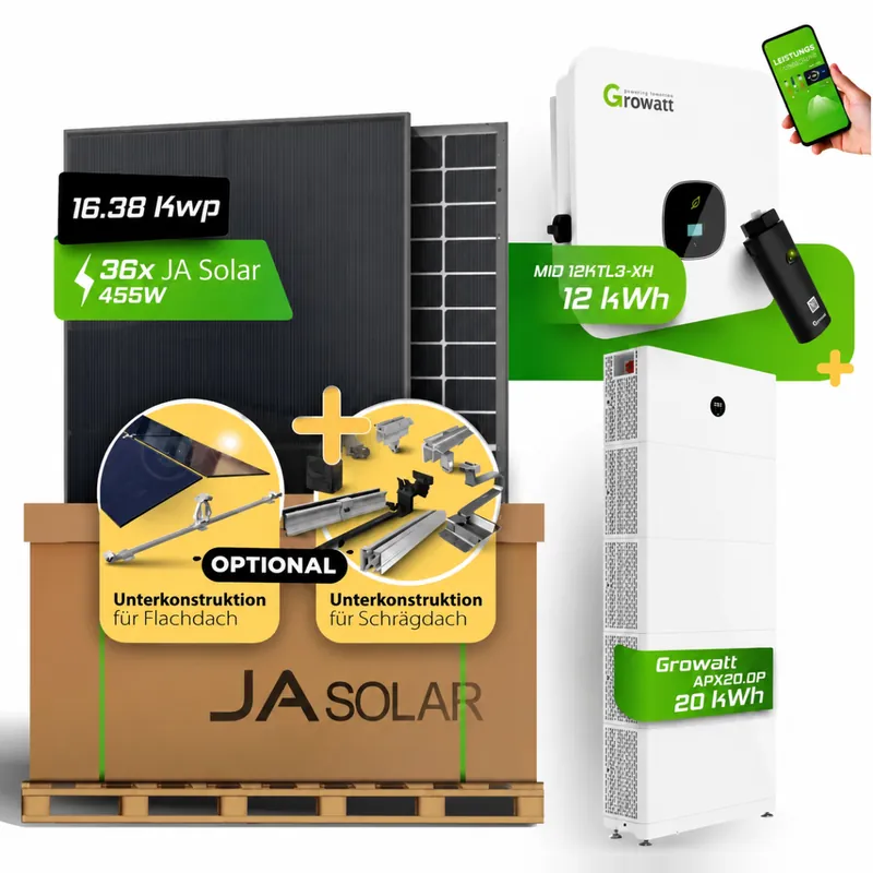 Schnäppchen Komplett-Set 16,38kWp JA Solar + 12kW Growatt Wechselrichter + 20kWh Growatt HV Speicher